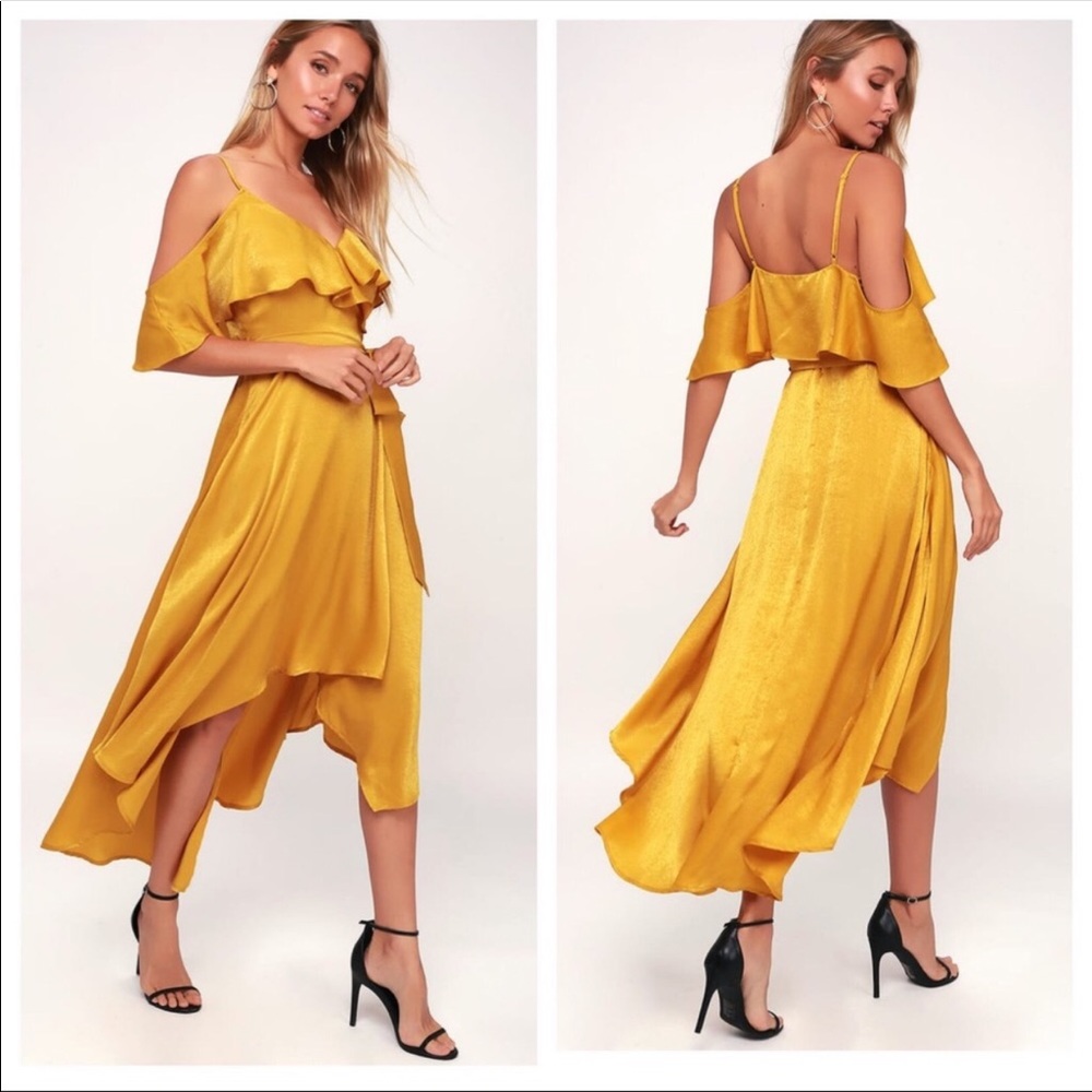 Lulu’s Layla Yellow Off The Shoulder Wrap Dress.